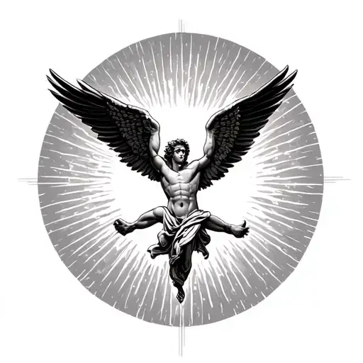 Icarus falling from the sky with a sun in front of him and in a semi circle around the picture, the Greek god headband tattoo design idea