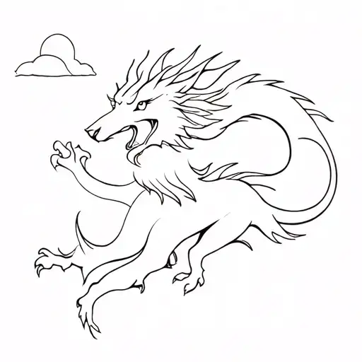 dragon and wolves, simple one line, leo zodiac sign, elegant tattoo design idea