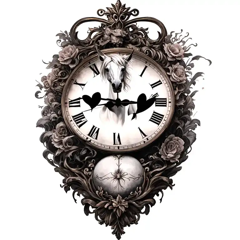 feminine cheated death clock white horse tattoo design idea