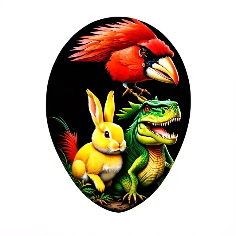 a red Bird, a yellow bunny and a green dinosaur tattoo design idea