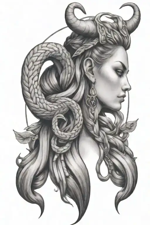 virgo goddess with taurus horns and with long braided hair into a scorpion tail tattoo design idea