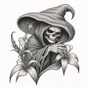 A photorealistic small cute grim reaper looking at and holding a tiny spider lily tattoo design idea