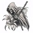 A photorealistic small cute grim reaper looking at and holding a tiny spider lily tattoo design idea