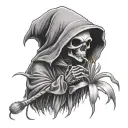 A photorealistic small cute grim reaper looking at and holding a tiny spider lily tattoo design idea