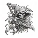 A photorealistic small cute grim reaper looking at and holding a tiny spider lily tattoo design idea