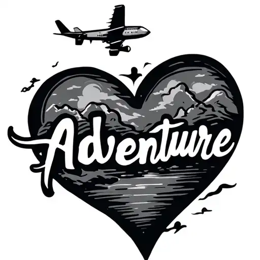 line heart with plane and word adventure tattoo design idea