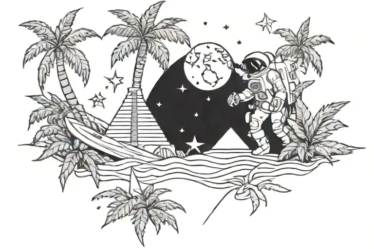 astronaut, surfing, marijuana plant, outer space, pyramid, ray gun, palm tree, beach, skoal wintergreen tattoo design idea
