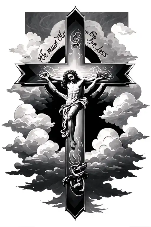 Forearm tattoo of a cross with the verse "He must be Greater I must be Less" around it with clouds behind it tattoo design idea