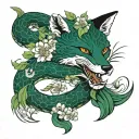 Ouroboros fox blood-dark green flowers tattoo design idea