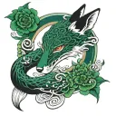 Ouroboros fox blood-dark green flowers tattoo design idea