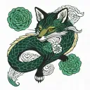 Ouroboros fox blood-dark green flowers tattoo design idea