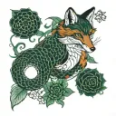 Ouroboros fox blood-dark green flowers tattoo design idea
