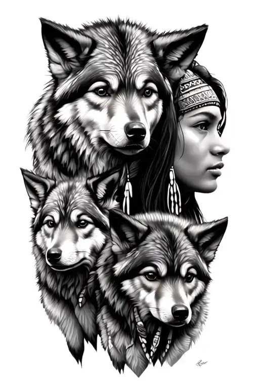 Native American woman 4 wolf pups tattoo design idea