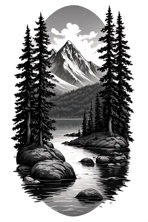 mountain scene with trees, river, lake tattoo design idea
