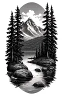 mountain scene with trees, river, lake tattoo design idea