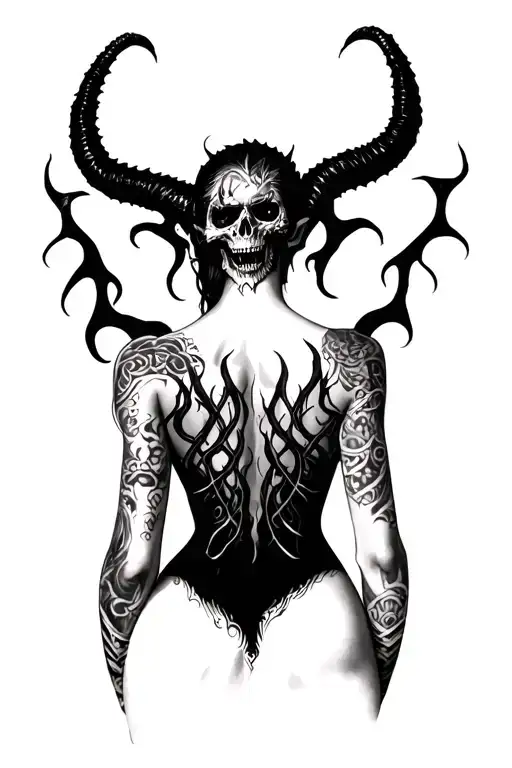 Smokey demon with skull face with its back turned her tattoo design idea