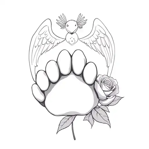 A black and white tattoo of my cat's paw with an angel and a rose tattoo design idea