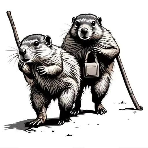 two marmots walking with a stick and a pouch on the end of it tattoo design idea