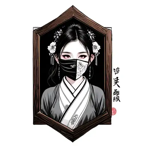 hypebeast girl in hanbok with face partially covered, inside traditional Korean diamond wooden frame tattoo design idea