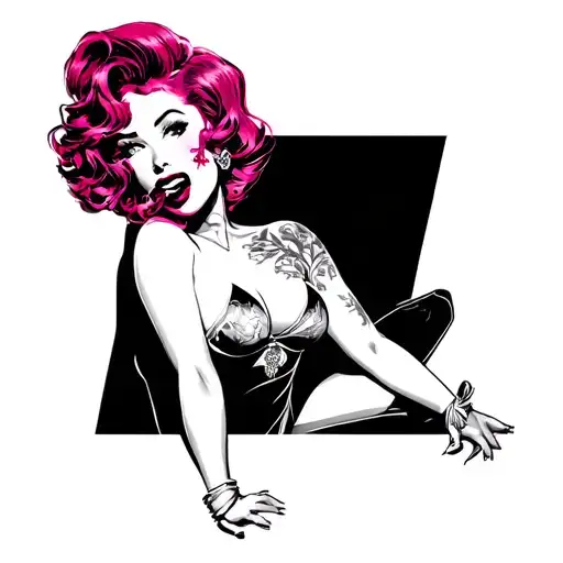 Short,thick, sexy Pinup girl tattoo with pink hair and a mole on her right cheek and she's biting her bottom lip tattoo design idea