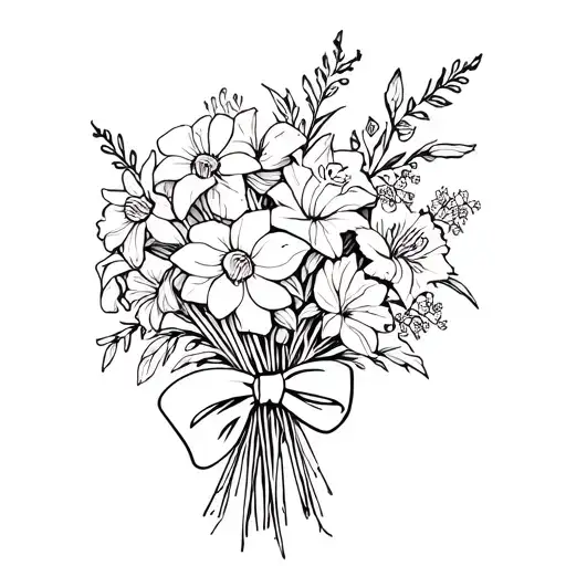 make a small black tattoo stencil of a bouquet  scattered with daffodils, larkspurs, gladiolus, and roses with a bow aro tattoo design idea