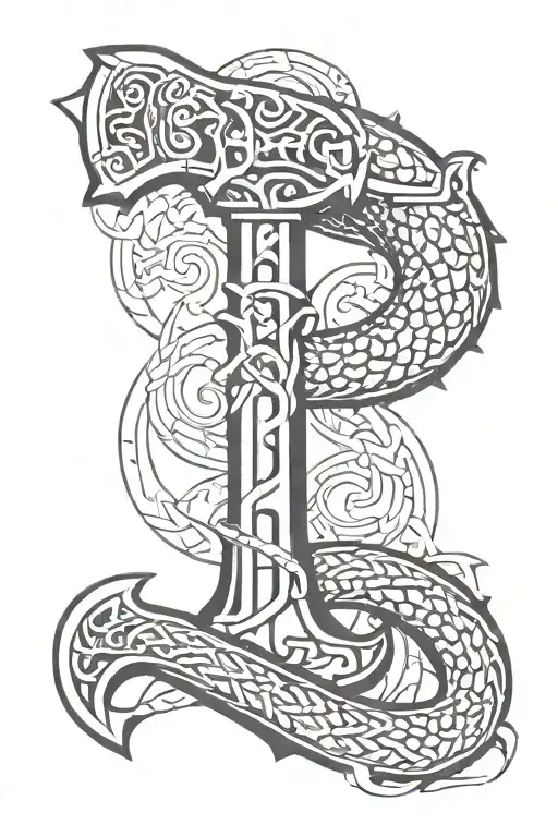 old norse Mjolnir, and jormungandr wrapping tattoo design idea
