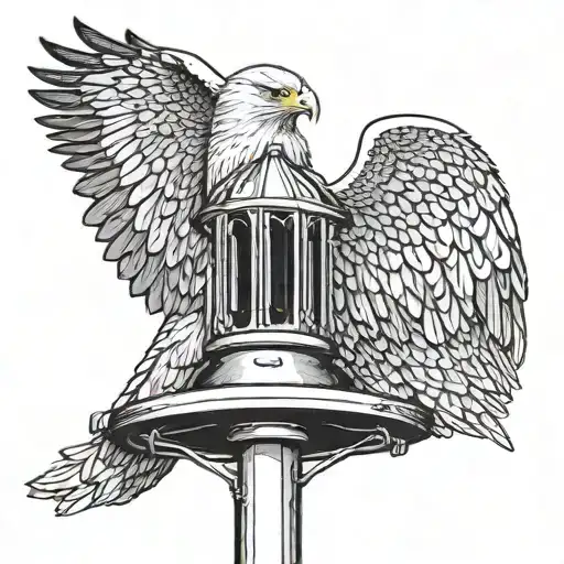 A blackwork tattoo of a majestic eagle perched on top of an anti-squirrel bird feeder on a lamppost tattoo design idea