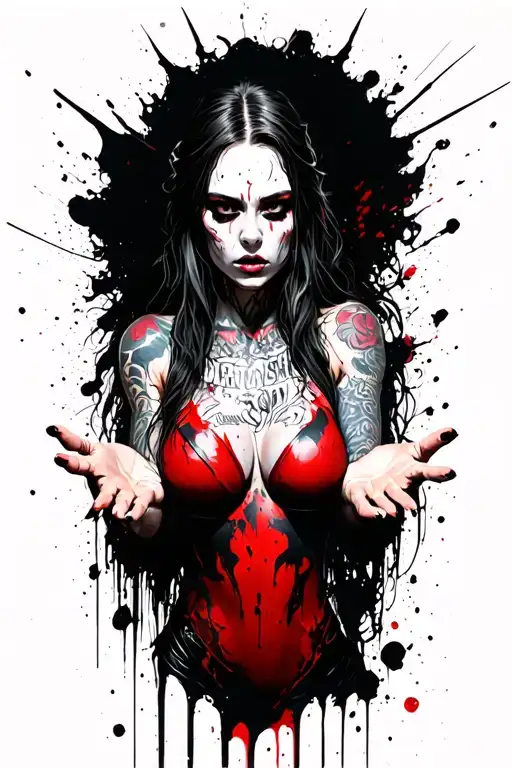 sexy pale women warrior with body tattoos. messy long hair, seductive look, offering hands towards  tattoo design idea