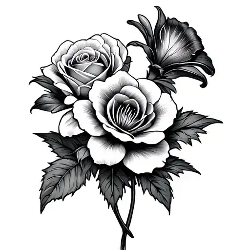 carnation, rose, lily flowers tattoo design idea