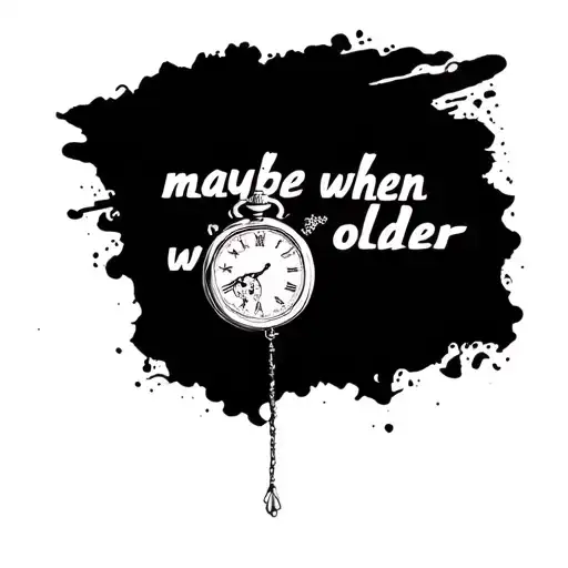 "maybe when we're older" pocket watch and large text tattoo design idea