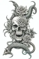Get a mix of gun Roses skull lion roaring snake tattoo design idea