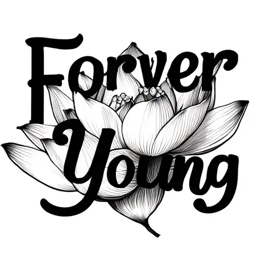 Full lotus,many petals,no stem, tiny dangling jewels.“Forever Young” curving round flower,Young emphasized. stylish font tattoo design idea