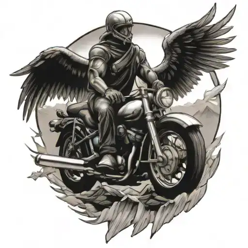 guardian Angel wing motorcycle riding mountains in background  tattoo design idea