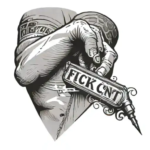 man holding a syringe with the word "fuck cunt" inside the needle about to inject it into his arm  tattoo design idea