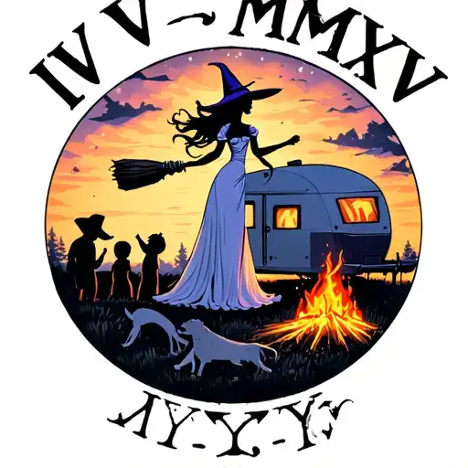 "IV V MMXIV" "IV V MMXIV" silhouette of busty sexy witch bride on broomstick over a campsite with a trailer and campfire with children & dog tattoo design idea