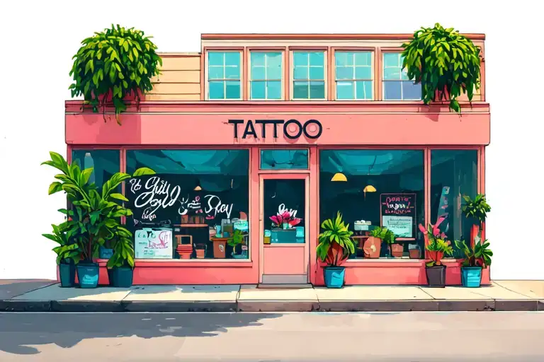 outside of 2 story tattoo shop with big windows and plants inside them tattoo design idea