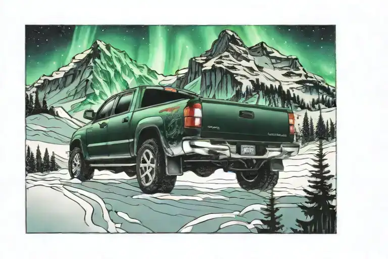 2002 Toyota tundra in front of Northern lights and a mountain  tattoo design idea