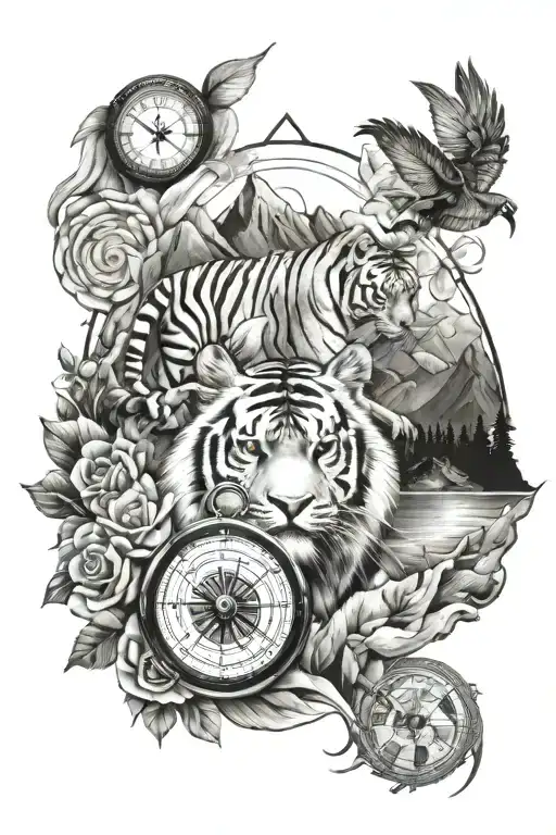 tiger, horse, compass, rose, mountains inside tattoo design idea
