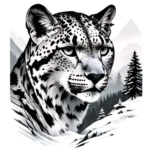 snow leopard woods and mountains background tattoo design idea