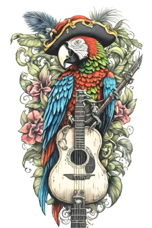 parrot pirate hat perched on guitar tattoo design idea