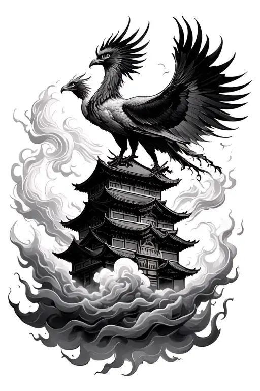 phoenix rising from burning tower with flowing chinese clouds and flames tattoo design idea
