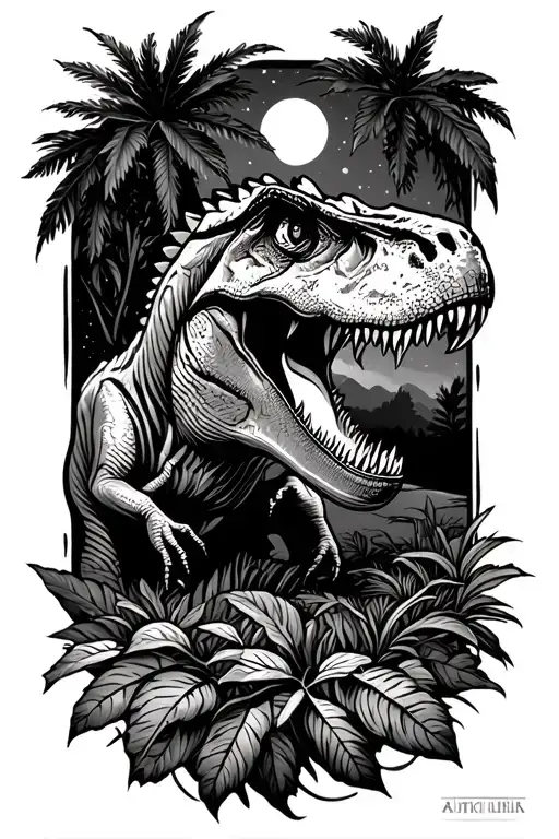 jurassic park style tattoo with some plants, a T-rex and the night sky all in amber in black and white minimal color tattoo design idea