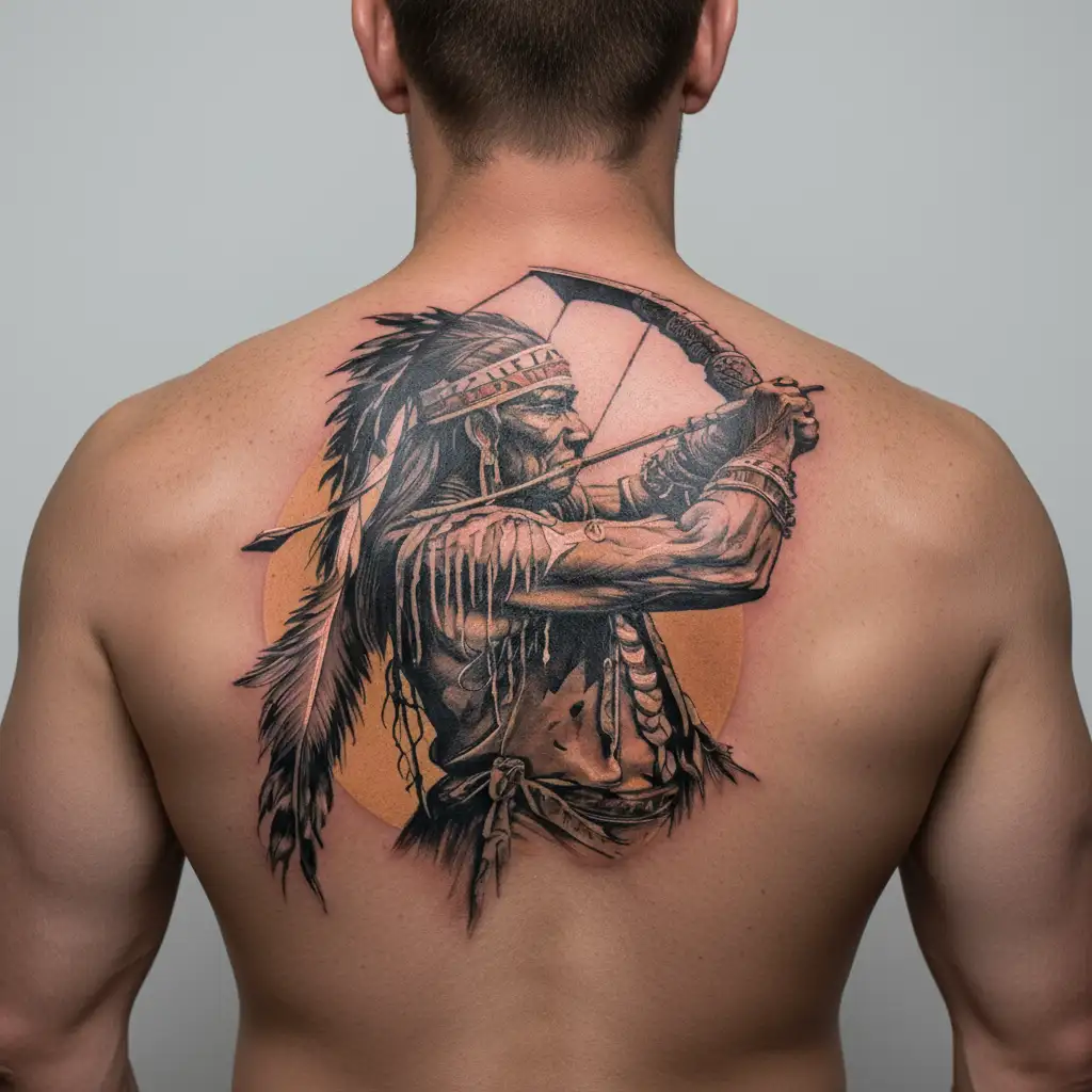 native american shooting bow and arrow old west sunset  tattoo design idea