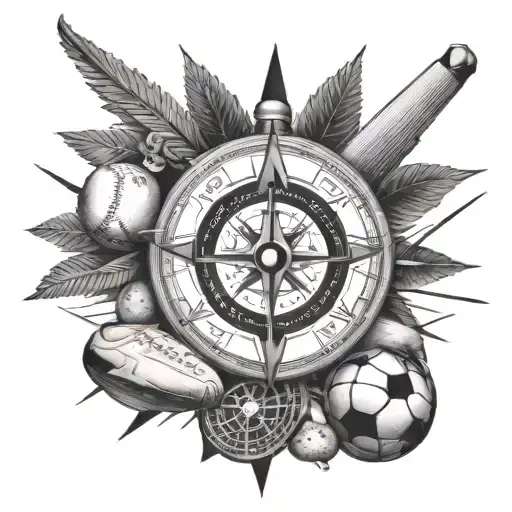 A compass rose with baseballs and hockey pucks as the cardinal points, representing your love for sports and navigation from your Navy experience tattoo design idea