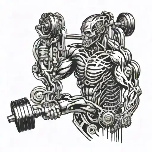 A futuristic biomechanical design featuring a muscular figure lifting weights, with circuit patterns intertwined, symbolizing your passion for the gym and sports tattoo design idea