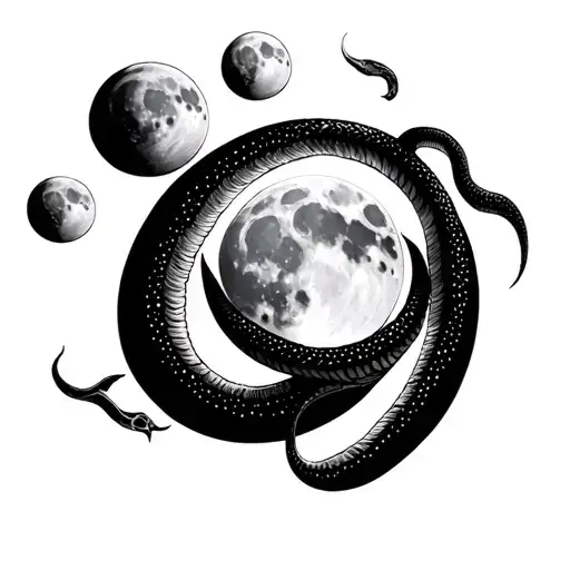 7 phases of the moon in a straight linewith the full moon in the center. A snake slinking around the phases of the moon. tattoo design idea