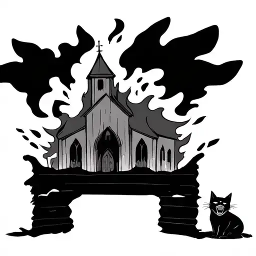cartoon of a burning church with a cat laughing tattoo design idea