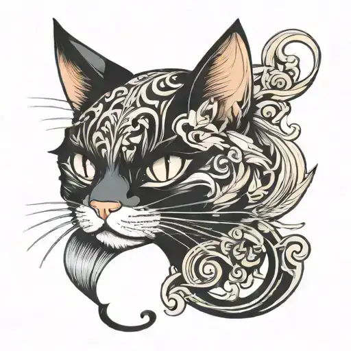 A whimsical tattoo design featuring a cat with a unique tail design inspired by anime characters, in a neotraditional style tattoo design idea
