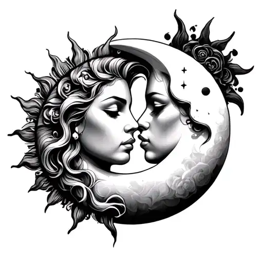 sun and moon kissing eachother tattoo design idea
