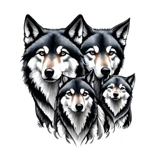 Draft me a minimalist tattoo for a family of 4 mom Dad and 2 daughters depicting a wolf pack. linework tattoo design idea